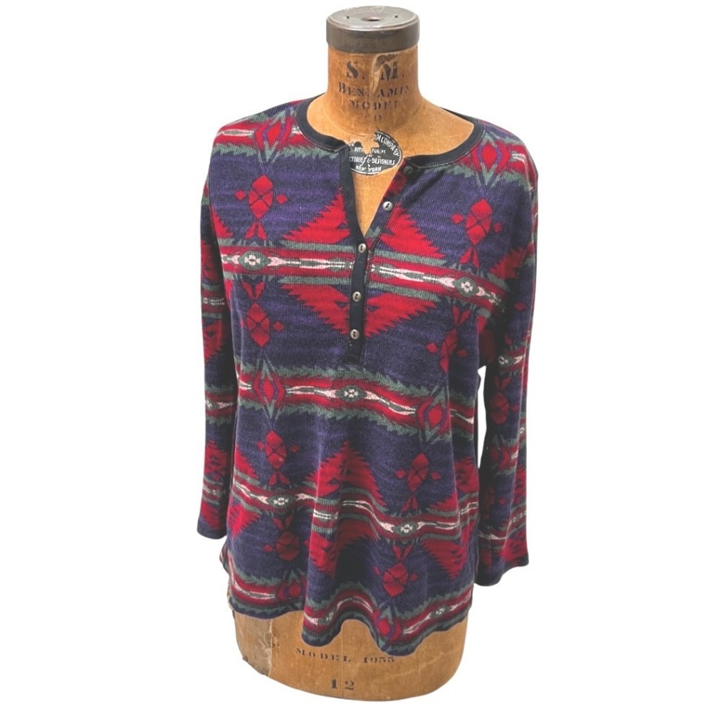 Chaps Denim Womens 1X Southwestern Aztec Thermal Henley Shirt Purple Red Cotton - Picture 3 of 14